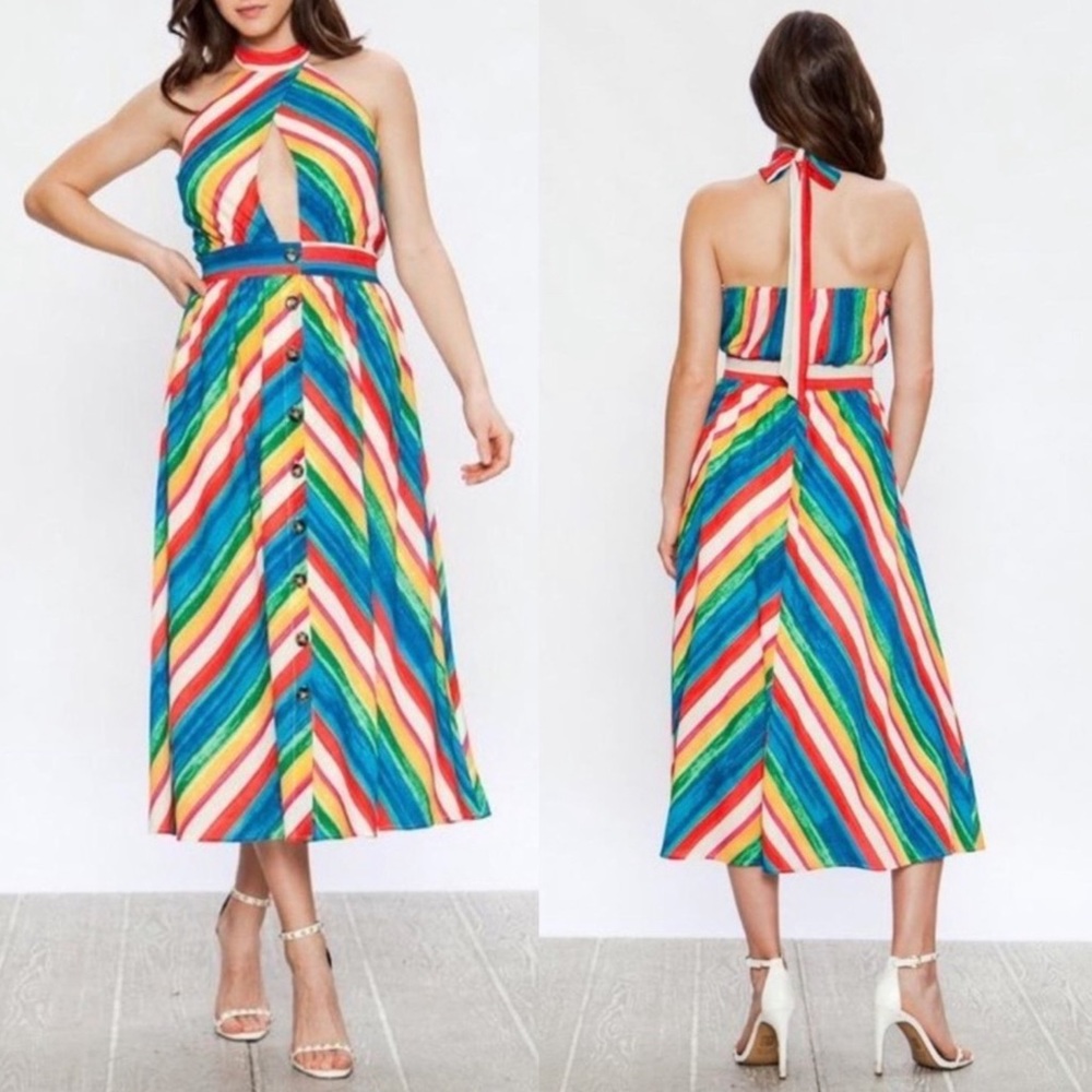 A. Calin by Flying Tomato Rainbow Striped Halter dress